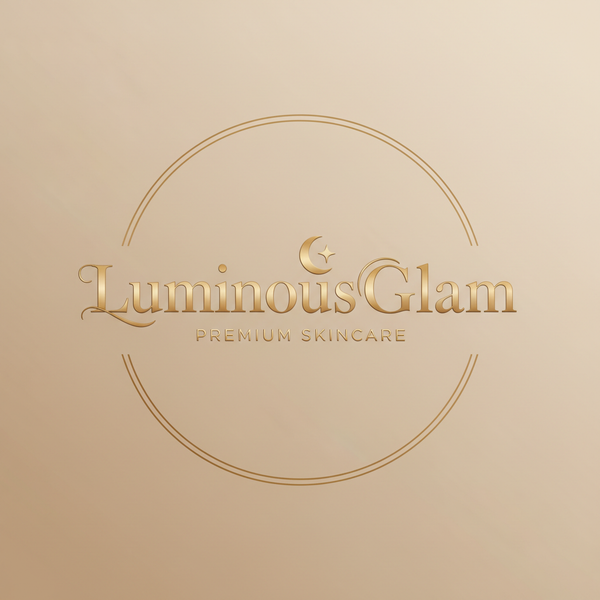 Luxury beauty logo for brand name LuminousGlam, elegant serif typography, soft gold on nude background, minimal, premium skincare aesthetic
